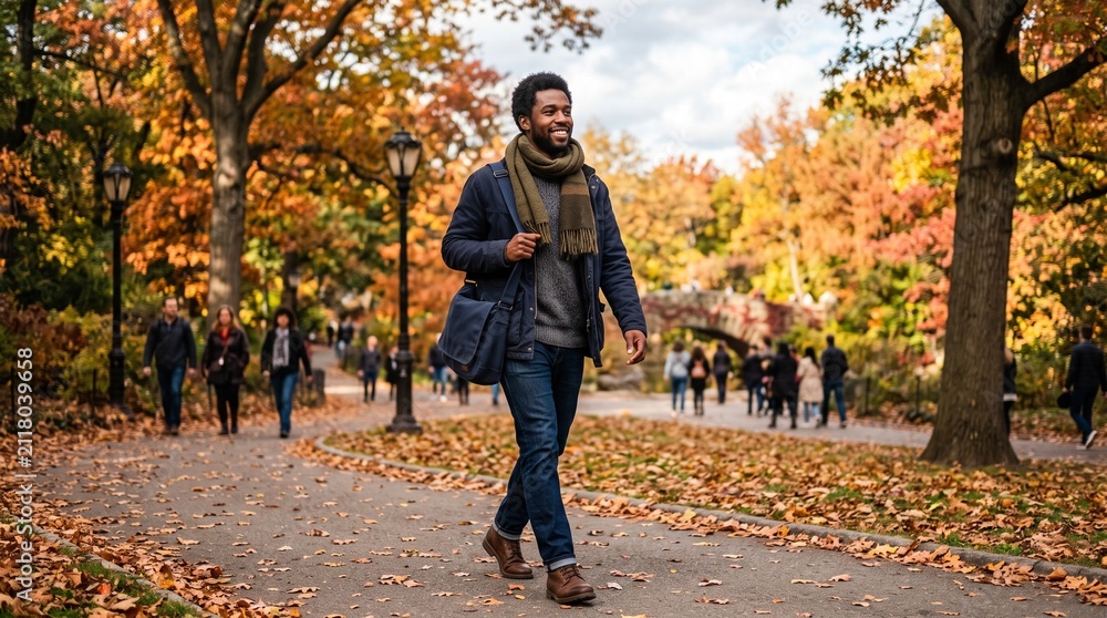 Obraz premium Man walking in park during autumn with colorful foliage and fallen leaves