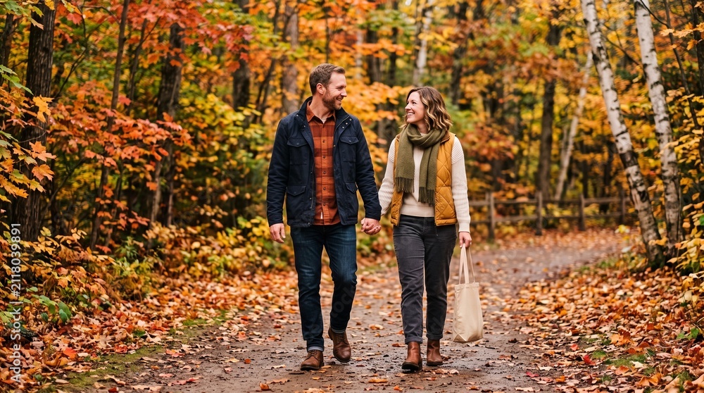 Fototapeta premium Couple Holding Hands Walking on Autumn Path Surrounded by Vibrant Fall Foliage and Fallen Leaves