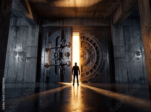 Silhouette of a Man Standing Before a Massive Open Bank Vault Door Revealing Bright Golden Light in a Dark Underground Bunker