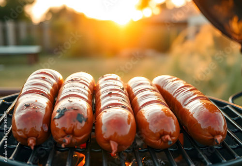 Five hot dogs grilling on a...