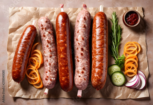 Raw and smoked sausages wit...
