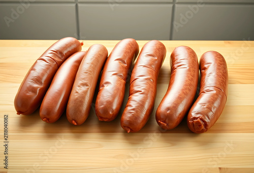 Seven raw sausages on a lig...