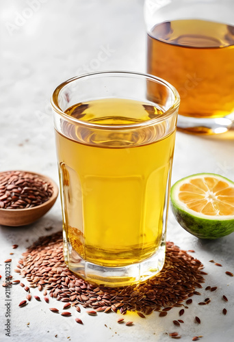 Flaxseed oil in a glass wit...