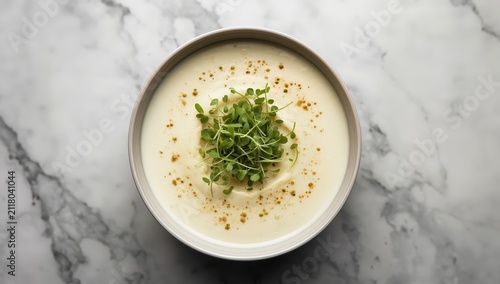 Aerial perspective of traditional French chilled vichyssoise – potato leek soup served warm or cold, garnished with microgreens on a marble table. Healthy cuisine idea. Blurred focus.