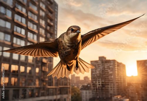 Small bird in flight over a...