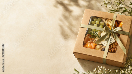 Gift box with snacks and fruit placed on a light surface with plants