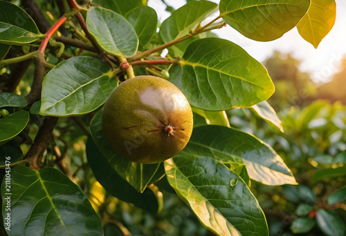 Unripe green fruit hanging ...