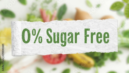 Bold distressed font on ripped paper stating 0% sugar, symbolizing health, diet, nutrition, beverages, food packaging, and low-calorie lifestyle marketing.