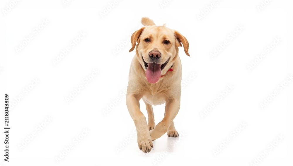 Fototapeta premium Happy Labrador running towards the camera with its tongue out against a white backdrop. Theme of pets, care, and grooming.