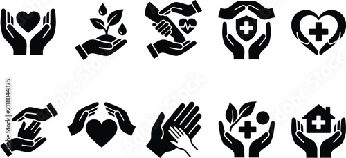 Quadro su tela Hands cradling various symbols a collection of flat black icons on a white backg
