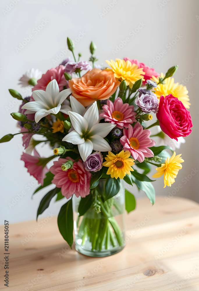 Obraz premium Colorful mixed flower bouquet in a clear glass vase on a light wooden table, celebration and gift concept, the fresh floral arrangement sits on a light wooden table