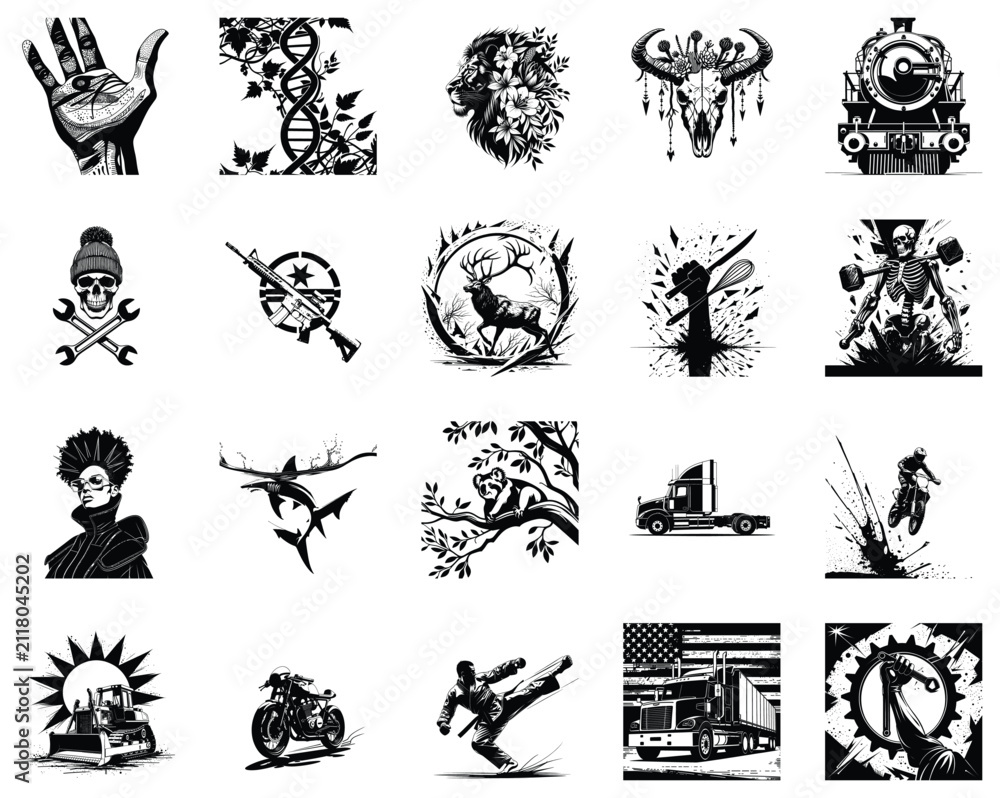 Fototapeta premium Graphic illustration of a human hand palm showing a detailed eye in engraved line art style