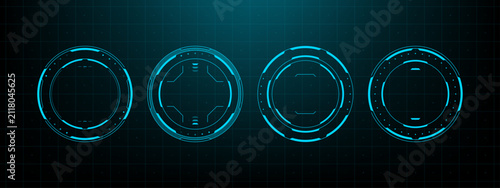 Futuristic blue circular HUD interface elements on digital grid background. Advanced technology control panel design. Vector graphics for software user interface and game overlay.
