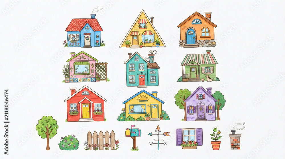 Naklejka premium Set of colorful hand drawn house exterior illustrations. Doodle drawings of roof, window, door, chimney, fence, mailbox, tree, and home facade elements. Clean white background, bright colors, playful 