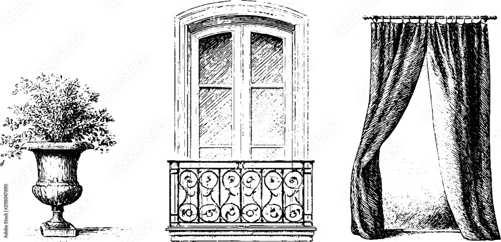 Fototapeta premium Balcony wrought iron railing window curtain and decorative planter engraving set for vintage architectural background