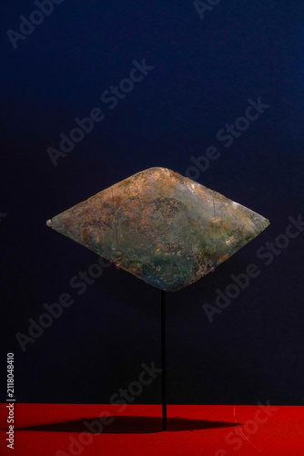 An ancient Chinese copper eye-shaped artifact, excavated from a site in Chengdu, Sichuan