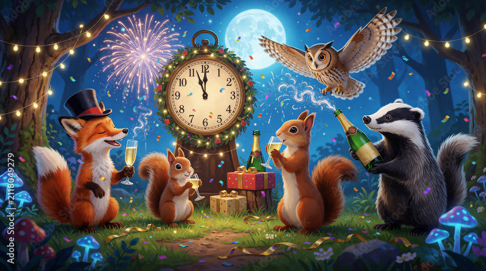 Fototapeta premium Fox squirrel owl, badger celebrate New Year in magical forest. Animals hold champagne glasses near clock showing midnight under bright moonlight. Fireworks confetti gift boxes, glowing mushroom