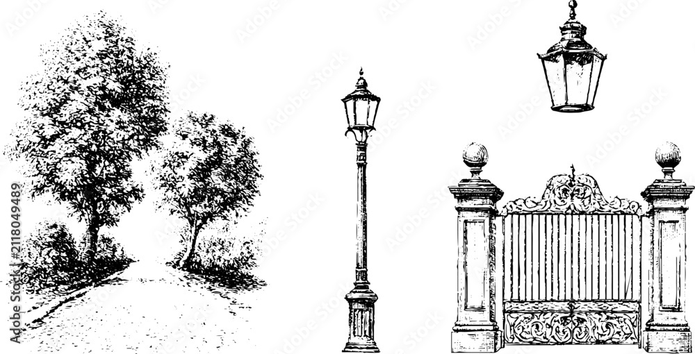 Obraz premium Ink drawing of a leafy country road with a lamppost and ornate iron gate for classical garden background and vintage landscape design