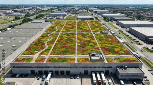 Aerial view of a large industrial building with a vibrant green roof garden