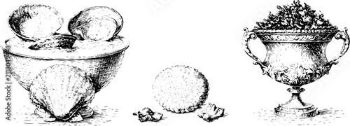 Vintage engraved seafood set with clams shells cracker crumbs and ornate tureen for menu labels packaging and decorative background design
