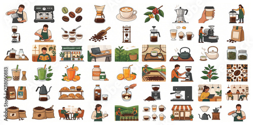 Premium Beverage and Café Vector Pack with 50 Editable Coffee, Tea, Smoothie and Drink Culture Illustrations