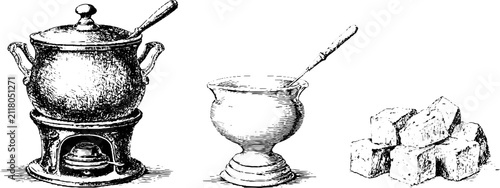 Vintage fondue pot and serving bowl with bread or cheese cubes for menu and packaging design, hand drawn sketch elements for culinary labels
