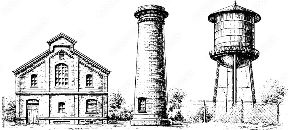 Obraz premium Traced industrial warehouse chimney and water tower architectural line art set for background or poster design