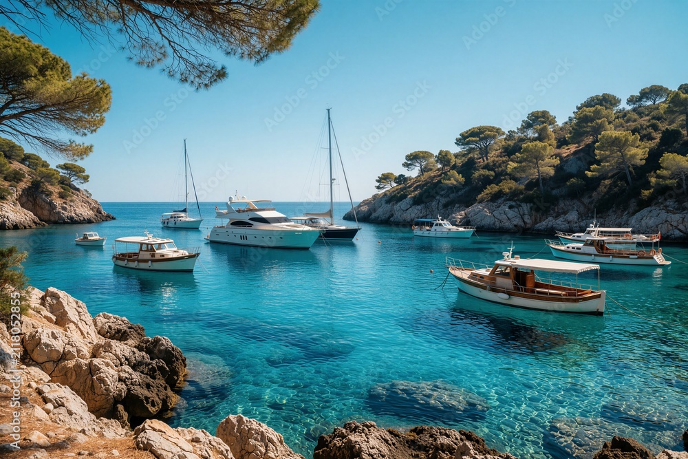 Obraz premium White boats, yachts sail on turquoise sea in tropical bay. Sunny day with clear blue sky over rocky island coast. Rich green trees grow on cliffs near calm lagoon. Summer vacation landscape with