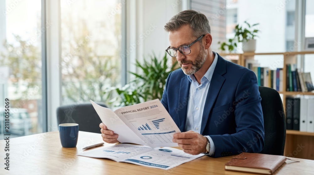Fototapeta premium Man reads financial report glasses