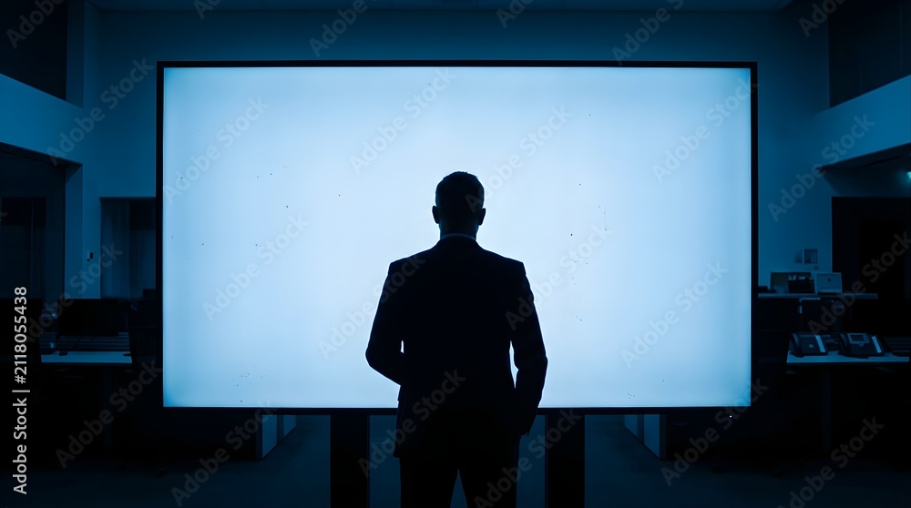 Fototapeta premium Silhouette of a businessman looking at a glowing screen in a dark office