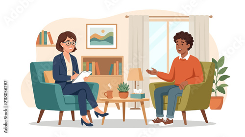 Therapist and patient in a counseling session discussing mental health and well-being in a comfortable office setting