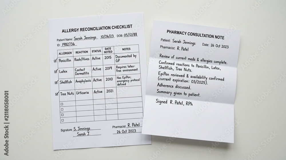 Fototapeta premium Allergy reconciliation checklist resting beside a folded pharmacy consultation note – Healthcare Medication Reconciliation Stock Photo