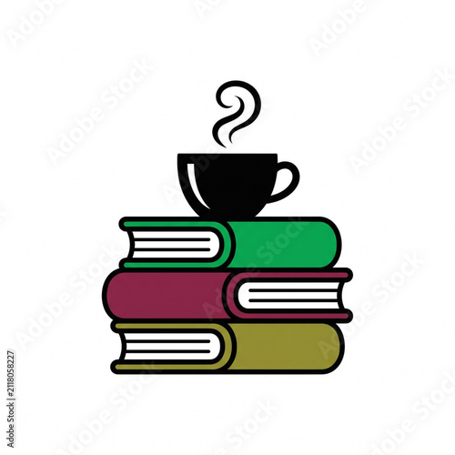 A stack of colorful books with a steaming cup of hot coffee sitting on top for reading and relaxing