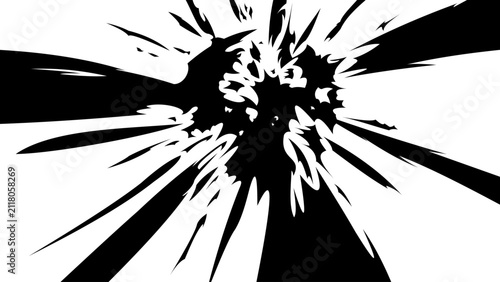 Black and white manga explosion effect with bold radial burst lines and chaotic energy fragments. Dynamic anime-style impact background featuring a powerful blast with smoke-like particles.