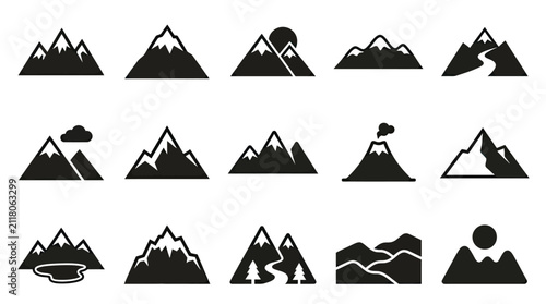 Set Of Fifteen Minimalist Mountain Peak Icons On A White Background
