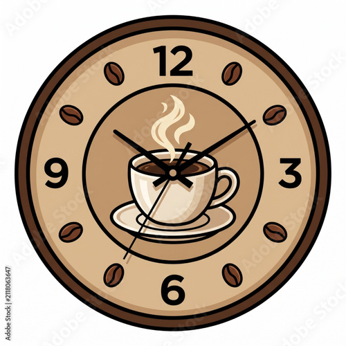Round wall clock with a hot coffee cup illustration and brown roasted coffee bean markers for time