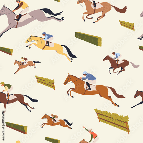 Seamless pattern with horses and riders jumping over hedges in equestrian sport illustration on a light background