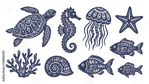 Set of rustic woodcut style marine life illustrations featuring sea animals and ocean creatures