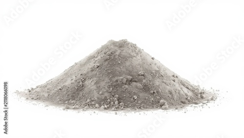 Cement dust mound on a plain white backdrop, building material.
