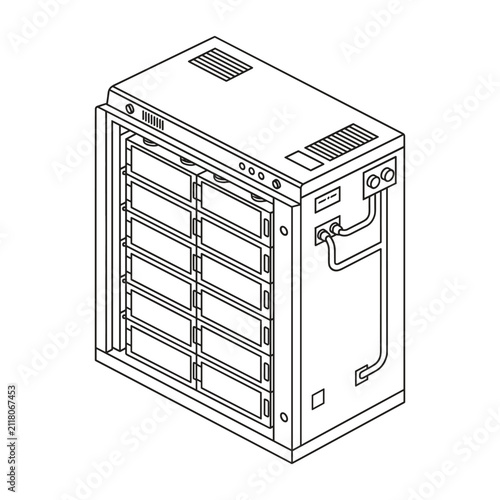 Isometric network server rack with data storage modules and cooling vents in line art vector style.