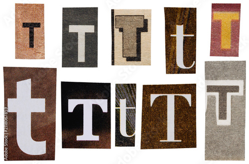 Foto Brown collage typography letter T collection from vintage print media cutouts
