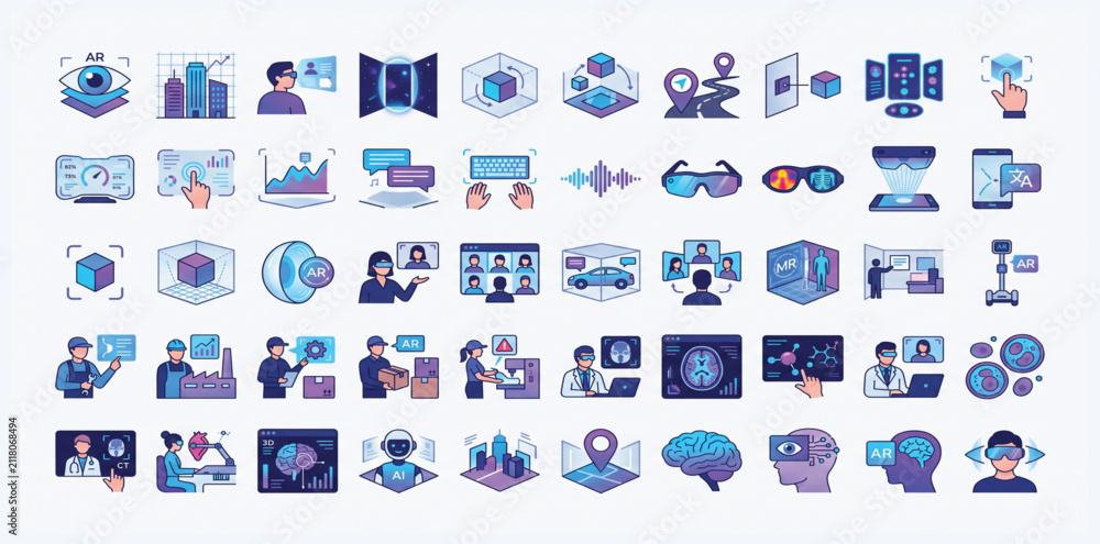 Naklejka premium Premium Augmented Reality and Spatial Computing Vector Pack with 50 Editable AR, Mixed Reality and Immersive Technology Illustrations