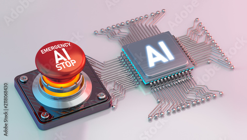 Foto AI safety emergency stop button connected to artificial intelligence processor, concept of AI regulation