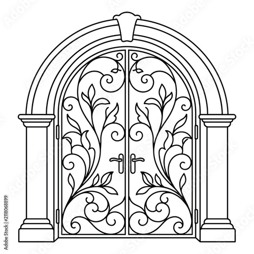 Elegant wrought iron gate with floral ornaments and stone columns in arch.