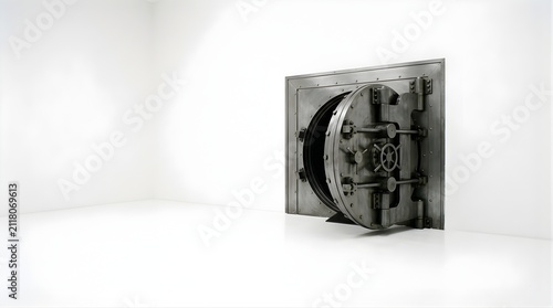 Heavy metal vault door open in a minimalist white room for financial security