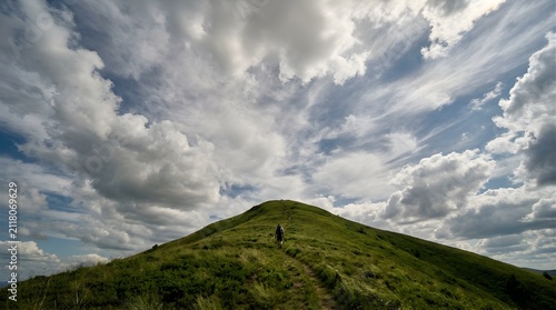 Hiker walking up a green mountain trail under a dramatic cloudy sky