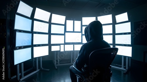 Hooded hacker sitting in front of multiple blank glowing computer screens