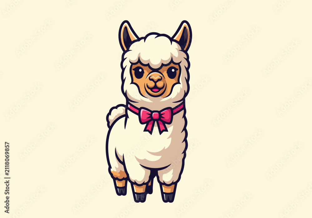 Fototapeta premium Cute cartoon llama wearing pink bow