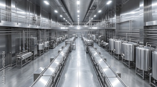 Modern industrial food production facility with steel tanks and conveyors