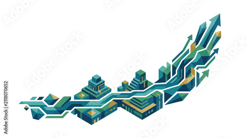 Isometric Business Growth Concept with Rising 3D Geometric Arrow and Abstract Data Structures